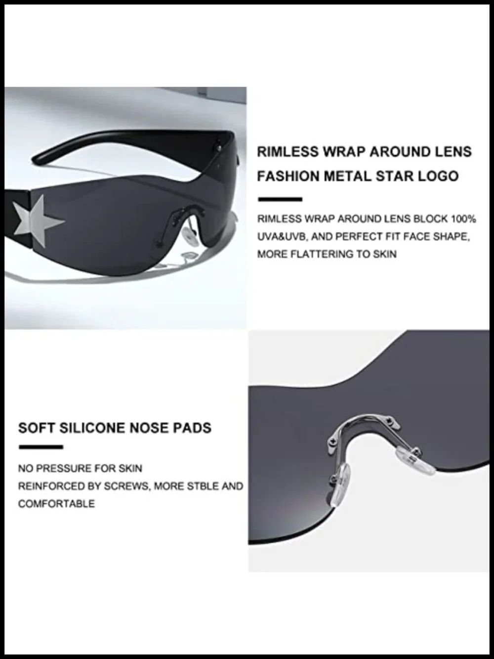 Y2K Rimless Shield Sunglasses for Women & Men, UV400 Wrap